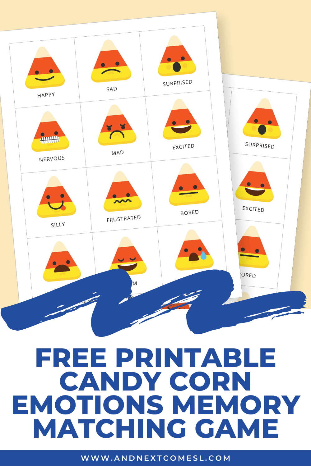 Free printable candy corn emotions memory matching game for kids - it's perfect for Halloween!