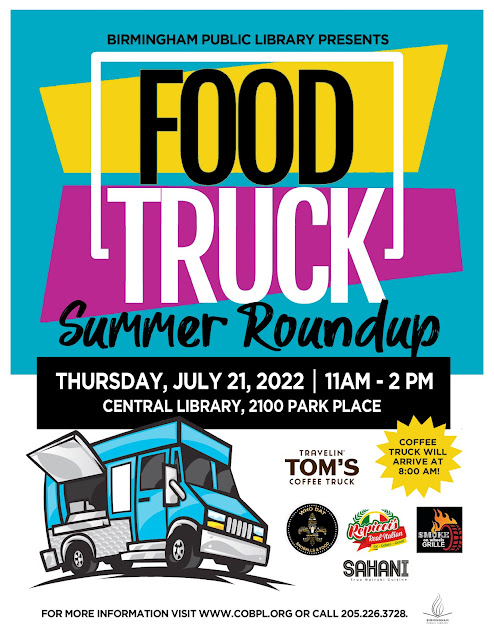 A cartoon food truck is open for business on the flyer of the BPL's Food Truck Summer Roundup.