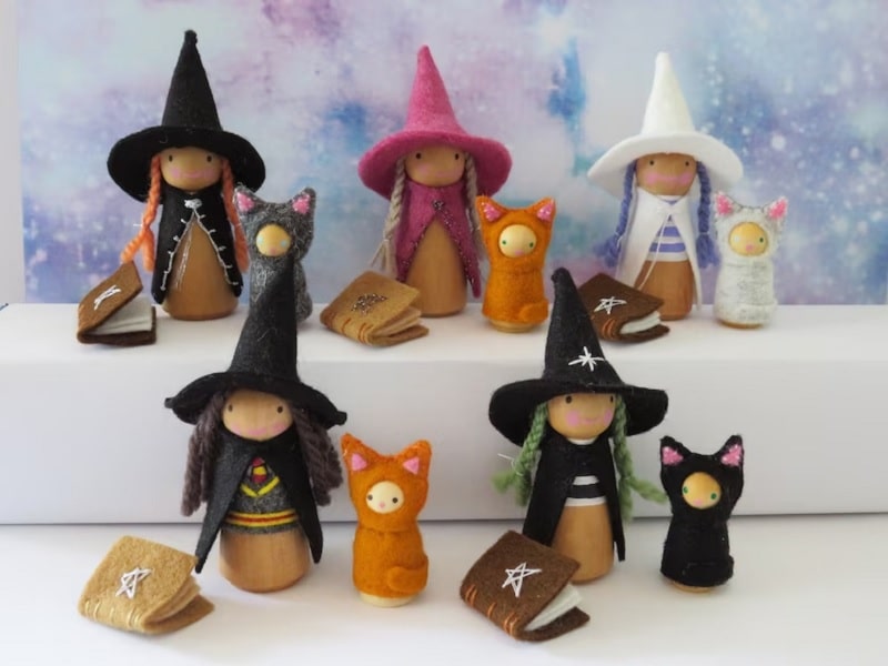 witch, cat and spell book peg doll sets