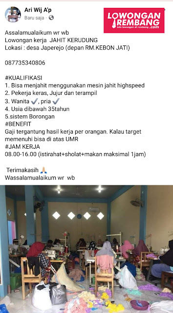 Lowongan Kerja Penjahit Cowok Cewek Japerejo Pancur Rembang Tanpa Syarat Ijazah