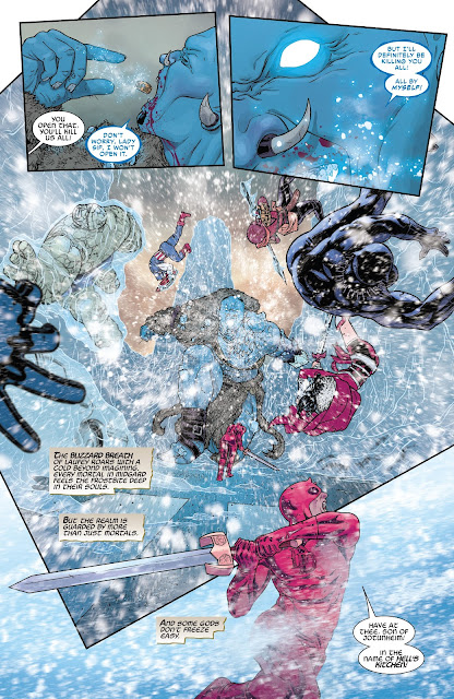 Laufey the King of Frost Giants, eats the Casket of Ancient Winters to breathe out chilling wind in War of the Realms Issue #6.