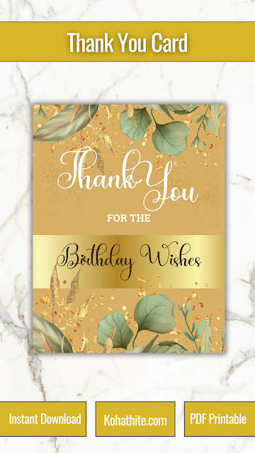 Thank You For The Birthday Wishes I Appreciate You Wishes Greeting Card Printable PDF | Luxury Aesthetic Gold Green Foliage Cute Background Design