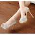 Fashion Drill Embellished Fish Mouth Hollow Out Stiletto Sandals Apricot - mod111