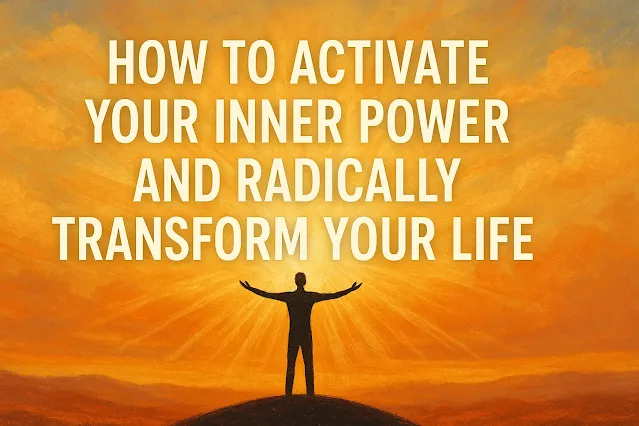 Silhouette of a person standing on a hill in golden light with the bold title 'How to Activate Your Inner Power and Radically Transform Your Life' against a vibrant, inspirational background of red, orange, and yellow hues.