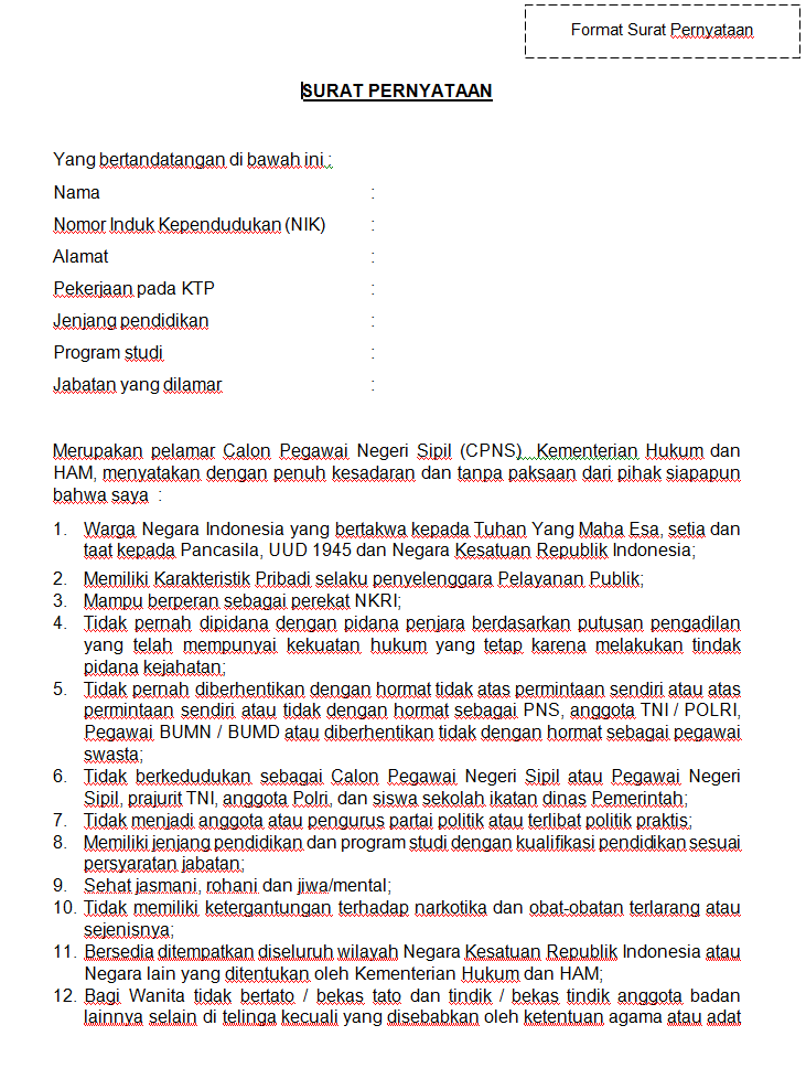 Format Terbaru Contoh Surat Lamaran / Pernyataan CPNS 