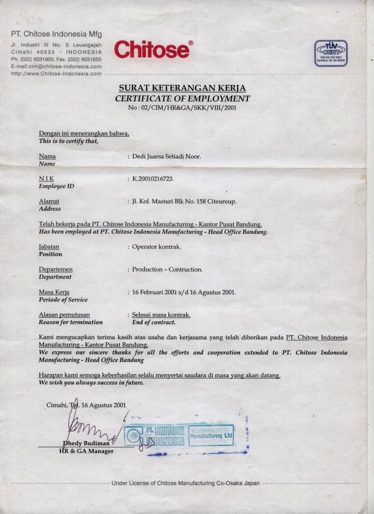 Surat Keterangan Kerja - Surat Referensi Kerja