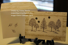 The card with the coordinating envelope, which has the hardwood image stamped on the flap and three leaves stamped on the front.