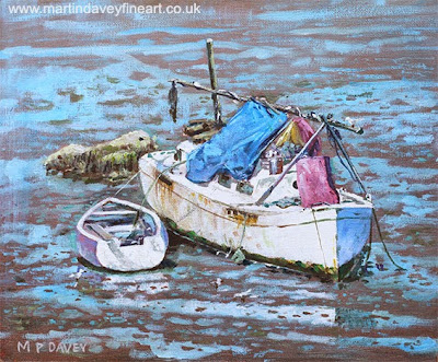Two boat wrecks at low tide – acrylic painting artist Martin Davey