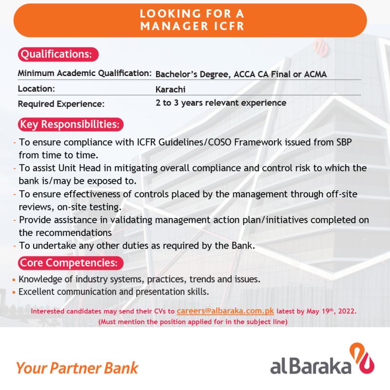 Al Baraka Bank Pakistan Ltd Jobs Manger ICFA