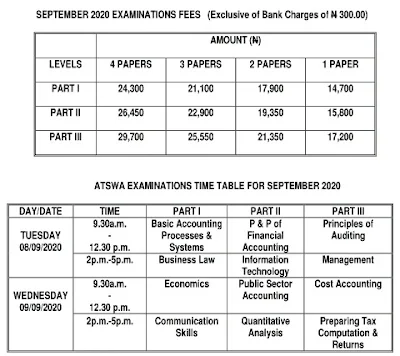 ICAN ATSWA September 2020 Exam Fees And Exam Timetable