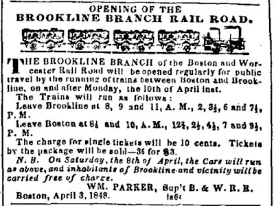 Newspaper item about opening of the Brookline branch of the railroad in 1848