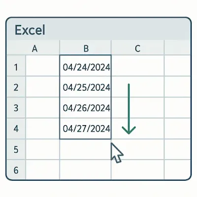 Excel 채우기 핸들로 날짜 순차 증가하는 장면