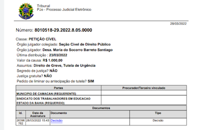 A JUSTIÇA CONSIDEROU ILEGAL A GREVE DE PROFESSORES DA REDE MUNICIPAL DE EDUCAÇÃO DE CAMACAN