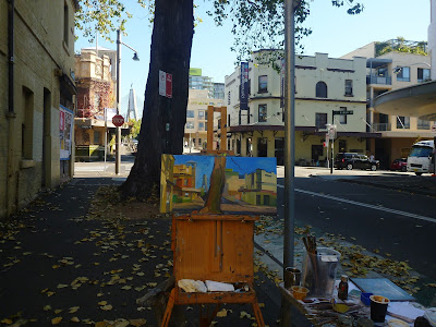 Plein air oil painting of the Terminus Hotel, corner of John and Harris street painted by industrial heritage artist Jane Bennett