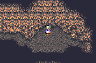 Terra rests at a save point in the Dragons' Den, a dungeon in Final Fantasy VI.