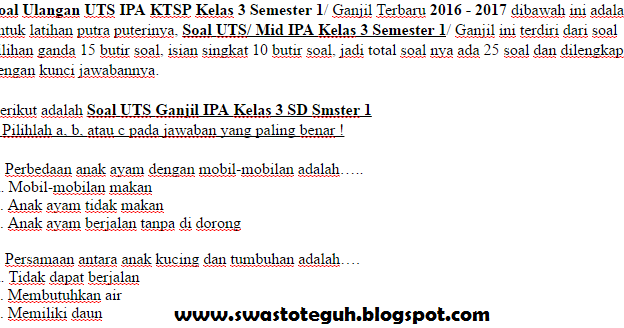  Soal Ulangan UTS IPA KTSP Kelas 3 Semester 1 Ganjil 