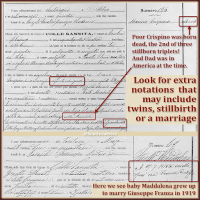 If baby is a twin (or triplet), look for special wording. Also, did baby grow up to marry? Look for who and when, and sometimes where.