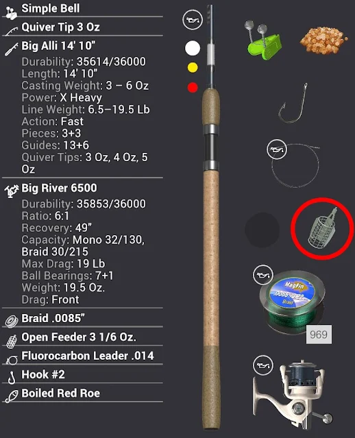 Feeder rod with spinning wheel, bait and feeder cage