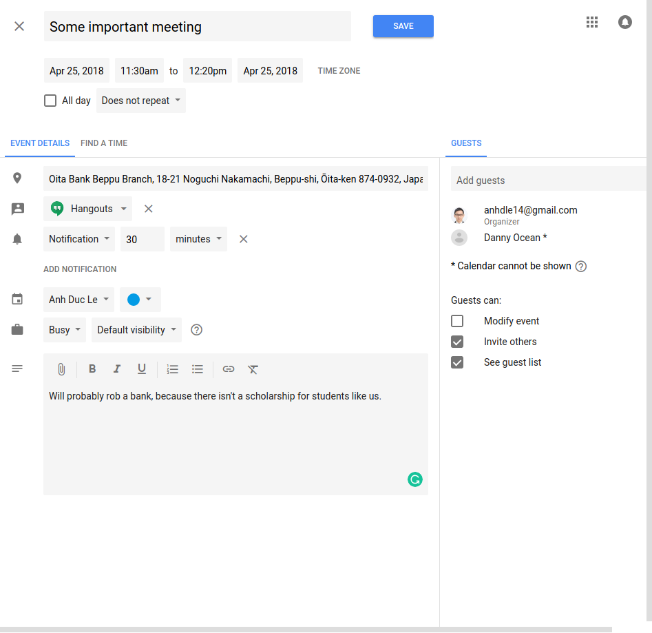 Google Calendar Create Event Page