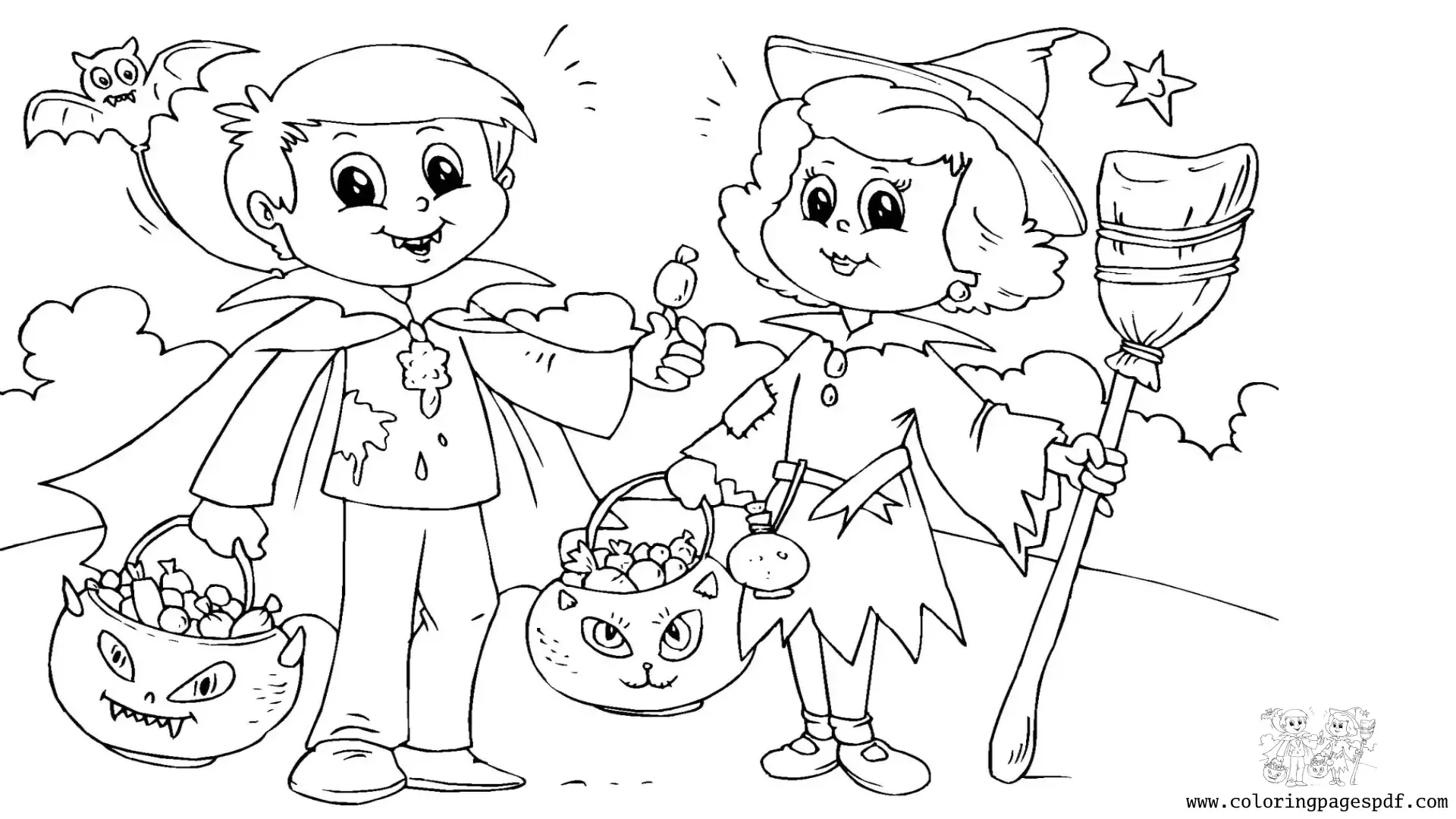 Coloring Page Of Two Kids With Halloween Costumes