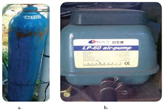 Peralatan budidaya ikan (a = tabung oksigen, b = pompa listrik/aerator)