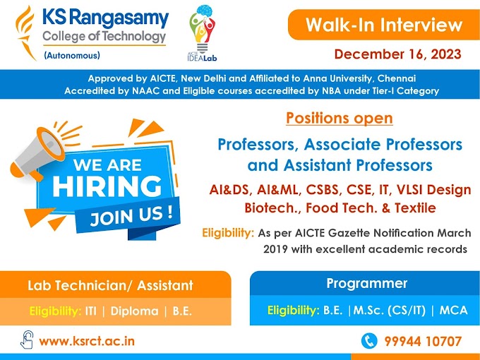 KS Rangasamy Chennai Biotech Faculty Jobs