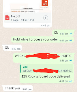 Screenshot of Xbox gift card successful sales