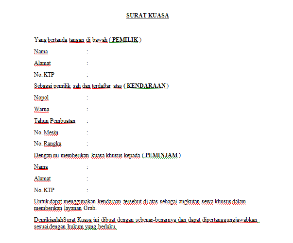 Contoh Format Surat Kuasa Penggunaan Kendaraan Untuk Grab Gojek Contoh Surat Resmi No.