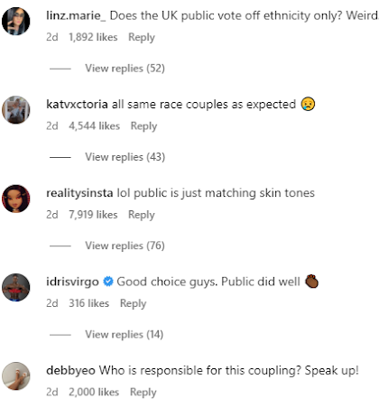 A screen shot of the comments from Instagram showing pictures of the first coupling of Summer Love Island 2023