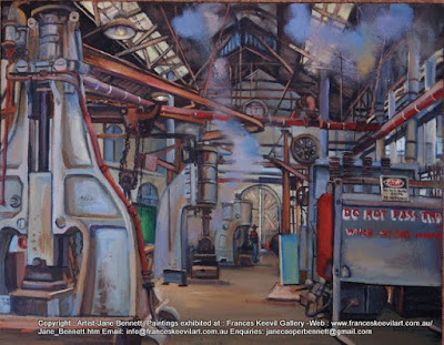 oil painting of Blacksmiths forge 'Wrought Artworks' Eveleigh Railway Workshops by industrial heritage artist Jane Bennett