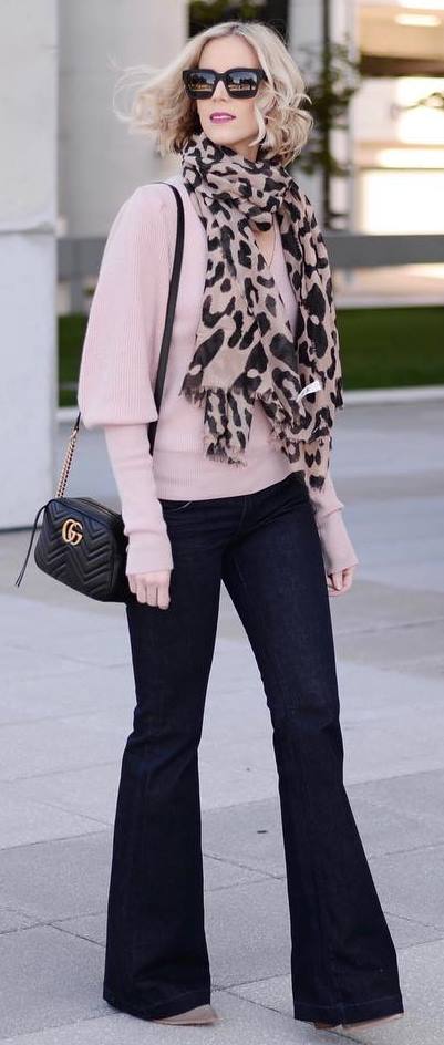 how to wear a printed scarf : nude top + bag + wide jeans