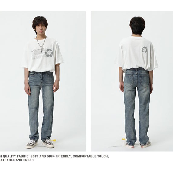 [ mw.mnemonikos ] Straight Jeans Men's กางเกงยีนส์ทรงกระบอกเเต่งขาด