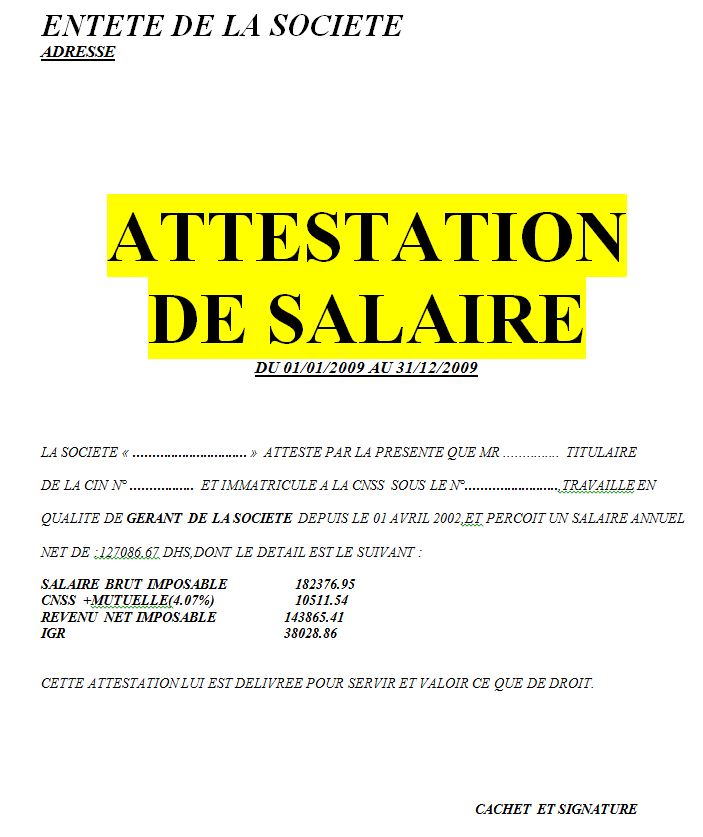 Exemple attestation de salaire word