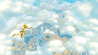 Link sky diving over the large sacred temple in the sky, with a dragon flying in the distance