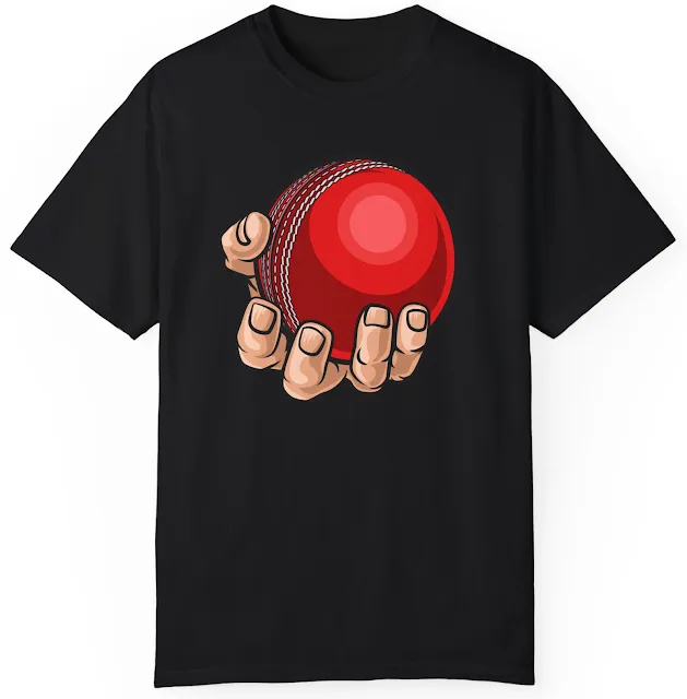 Garment Dyed Personalized Cricket T-Shirt With A Graphic of Strong Hand Holding a Red Cricket Ball