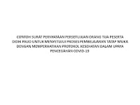 CONTOH SURAT PERNYATAAN PERSETUJUAN ORANG TUA PESERTA DIDIK PAUD UNTUK MENYETUJUI PROSES PEMBELAJARAN TATAP MUKA DENGAN MEMPERHATIKAN PROTOKOL KESEHATAN DALAM UPAYA PENCEGAHAN COVID-19