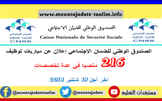 الصندوق الوطني للضمان الإجتماعي: مباريات توظيف في مختلف الدرجات- 216 منصبا. آخر أجل هو 19 شتنبر2018