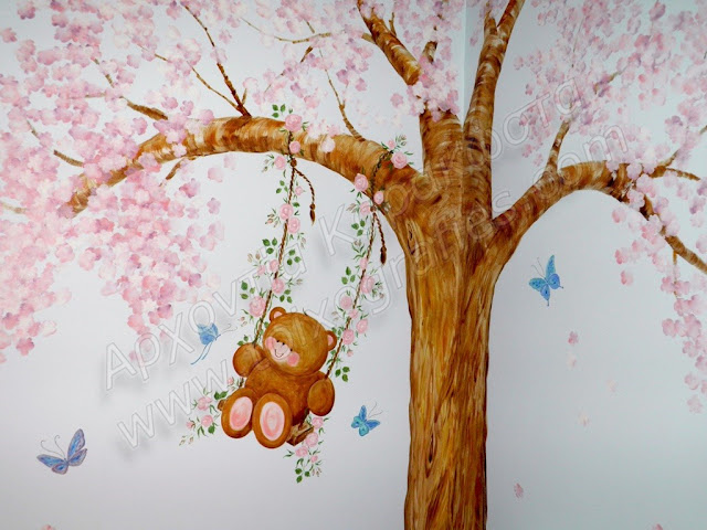 παιδική τοιχογραφία ουρανός αμυγδαλιά αρκουδάκι, ζωγραφική παιδικών δωματίων