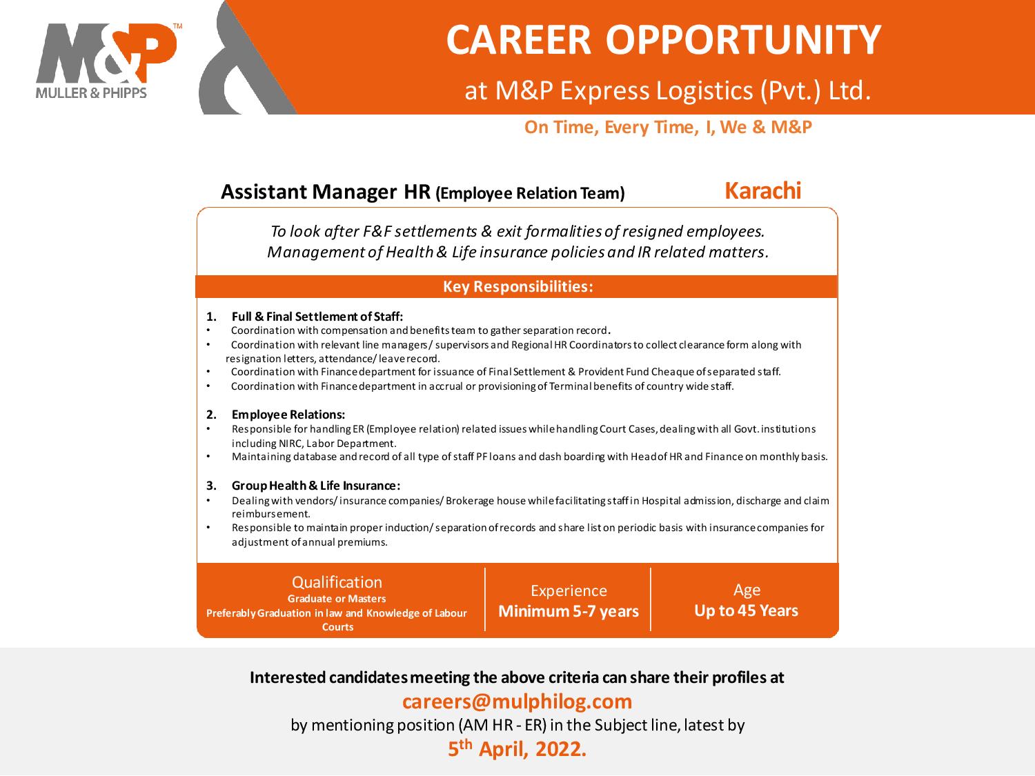 M&P Express Logistics Jobs Assistant Manager HR (Employee Relation)