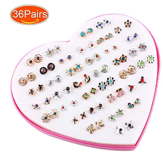 GuGio 36 Pairs Rhinestone Stud Earrings Set for Women and Girls with Heart Shape Box Valentine's Day Birthday Gift