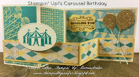 This card uses Stampin' Up!'s Carousel Birthday stamp set.  It also uses: Gold Glimmer Paper, Cupcakes & Carousels Designer Paper, Balloon Bouquet Punch, Decorative Label Punch, VersaMark Pad, Gold Embossing Powder, Heat Tool, and Cupcakes & Carousels Embellishment!!  #staminup #stamptherapist www.stampwithjennifer.blogspot.com