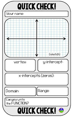 I use this algebra 2 quick check template all the time as a warm up, exit ticket or check for understanding. It's a free download through this post and has saved me so much time in my Algebra 2 class. Now includes a full-page version to use inside a page protector as a way to save paper. We use the math template to graph quadratics, absolute value, radical functions, exponential functions and find domain, range, vertex, y-intercept and zeros. It has been a total time saver in my algebra 2 class. In the post is a link to more free printable math templates.