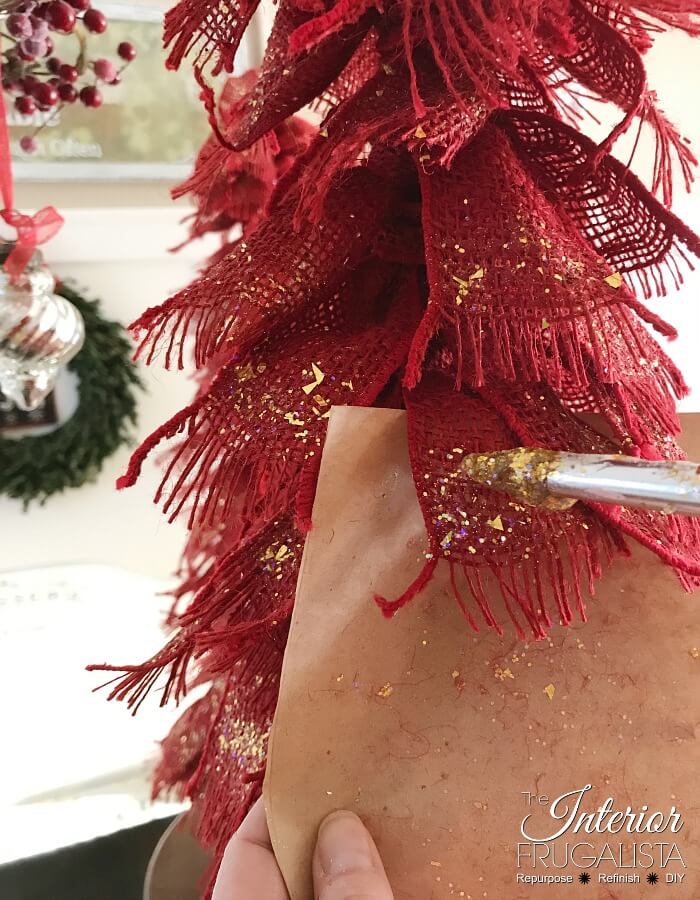 Red Burlap Ribbon Tabletop Christmas Tree Gold Painted Tips