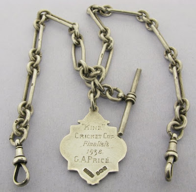 Antique Silver Double Albert Fetter Link Watch Chain T-Bar & Fob 54gr Bir 1920 