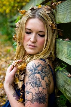 Women With Blossom Flowers, Flowers Tattoo For Women, Women Flower Hand Tattoo, Women Chest Flower Leaves Tattoo, Women, Parts, Flower,