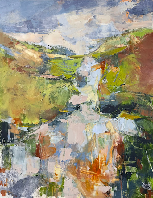 Coastal semi-abstract landscape painting in cold wax and oil on canvas by New England artist Karri Allrich. 28x22"