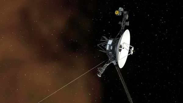 An artist's concept of a Voyager spacecraft soaring through interstellar space.