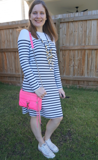 Kmart white striped tee dress Converse Chucks neon pink mini MAc bag statement necklace thrifted style | awayfromblue