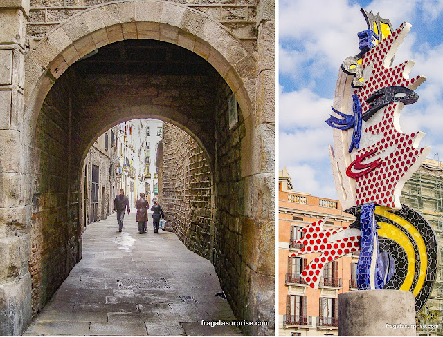 Bairro Gótico e escultura de Roy Lichtenstein em Barcelona
