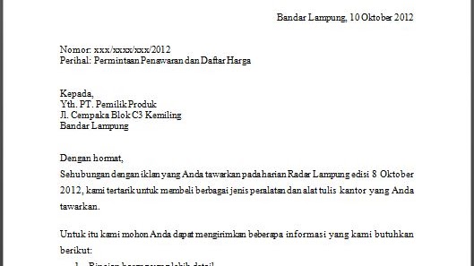 Surat Permintaan Penawaran Barang Bahasa Inggris ...